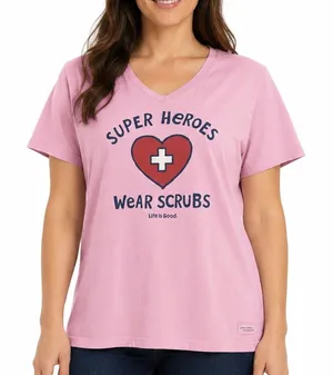 Life is Good Women’s XL Pink Super Heroes Wear Scrubs V-Neck T-Shirt thumbnail 1