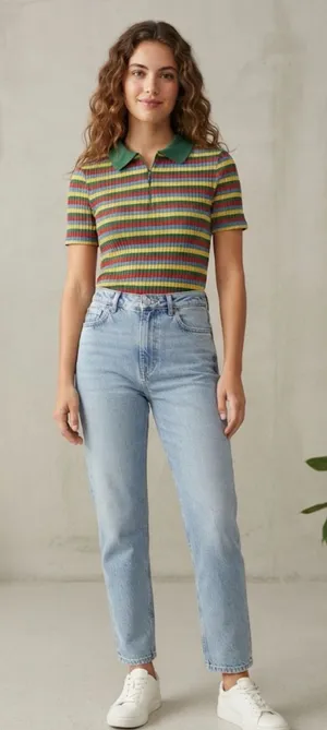 ZARA Multi-Colored Striped Ribbed Knit Polo Zip-Up Shirt Size M thumbnail 1