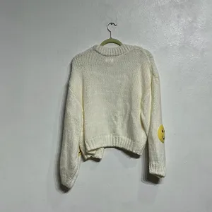 Luna Ivy White Smiley Face Chunky Knit Open Cardigan Sz M thumbnail 8