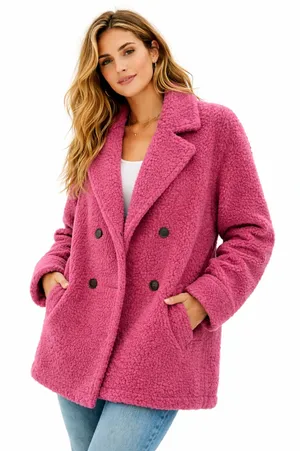 Cozy Casual Cozy Co. Alexandria Fleece Teddy Pea Coat Hot Pink Jacket thumbnail 1