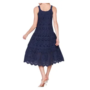 Charlie B XS Navy Blue Cotton Eyelet Tiered‎ Midi Dress Sleeveless 100% Cotton thumbnail 2