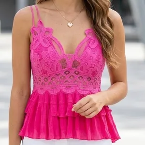 Zenana Hot Pink Lace Ruffle Peplum Cami Top Smocked Back Large Festival Rave Clubwear L thumbnail 1