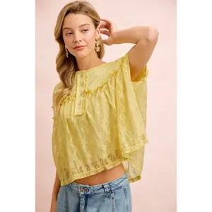 BiBi Solid Jersey With Lace Combo Ruffled Buttoned Top thumbnail 4
