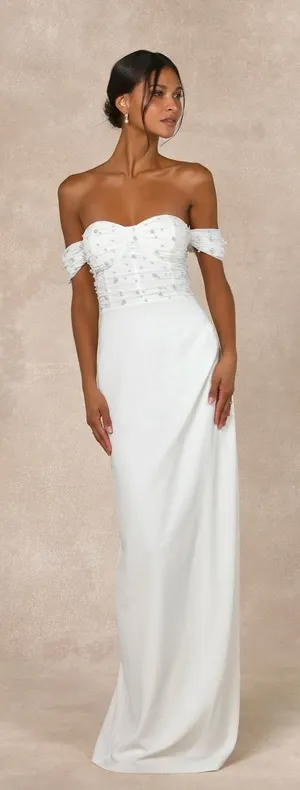 Lulus Immensely Charming White Mesh Pearl Bustier Maxi Dress Wedding Small NWT thumbnail 1
