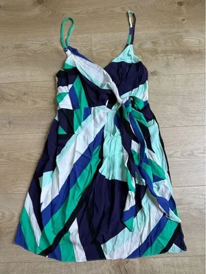 NWT Womens Olivaceous side tie mini dress geometric blue green patterned size M thumbnail 1