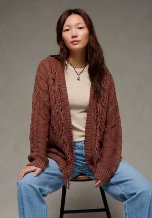 American Eagle Fringe Cable Knit Open Front Cardigan Rust Size XS/S Oversized thumbnail 1