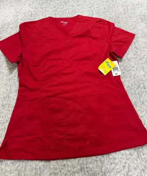 All Day by Landau Womens Red V-Neck Scrub Top Short‎ Sleeve Pockets 4143 SML NEW thumbnail 1
