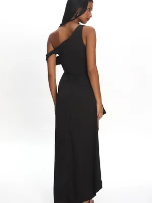 NWT Selfie Leslie Sensations‎ Off Shoulder Satin Maxi Dress Black Womens Size M thumbnail 4
