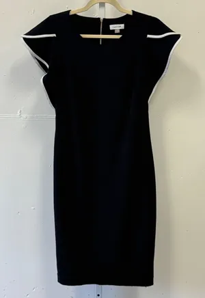 Calvin Klein‎ Black Flutter Sleeve Sheath Dress White Trim Size 8 Gold Zipper thumbnail 1
