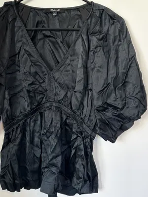 Madewell Black Shirred Puff-Sleeve Top in Satin - Size: Medium thumbnail 5