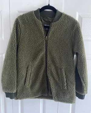 Abercrombie & Fitch Sherpa Bomber Jacket Womens Size XS Olive Green Teddy Fleece thumbnail 1