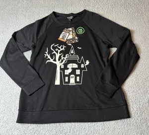 Halloween Top Womens M‎ Black Glow In The Dark Hunted House Feeling Festive NEW thumbnail 1