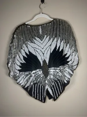 Scala Vintage 80s Black + Silver Flower Blouse Top Glam Sequin Beaded Silk thumbnail 6