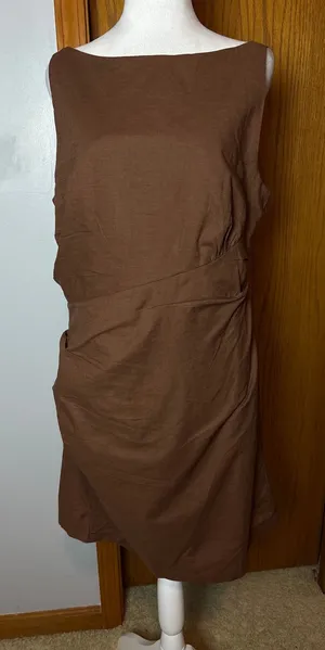 Commense Brown Cotton Linen Ruched Draped Mini Dress Boat Neck NWT Size L thumbnail 1