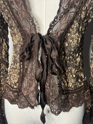 Y2K Vintage Ann Ferriday Chocolate Brown Floral Lace Tie Front Cardigan Top thumbnail 4