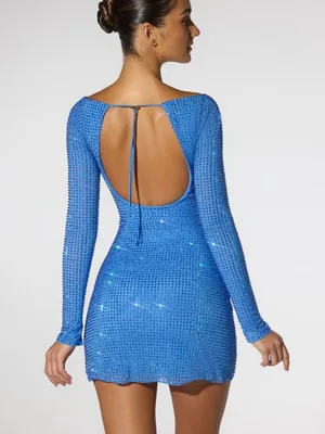 NWT Oh Polly Valeria Embellished Open Back Long Sleeve Mini Dress Cobalt Blue 8 thumbnail 3