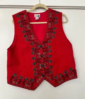 Vintage Red Embroidered Floral Vest wool cotton blend women’s large 90s thumbnail 1