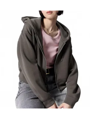 Uniqlo GU Double Face Sweat Full-Zip Cropped Hoodie NWT Brown Small thumbnail 2