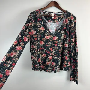 Anthropologie Pilcro Thermal Top Womens XL Split-Neck‎ Floral Waffle Knit Boho thumbnail 4