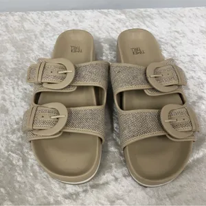Time & Tru womens canvas size 9 beige & brown double strap slide on sandals thumbnail 3