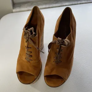 Gianvito Rossi Suede Cork Open Toe Lace Up Platform Shoes Orange/Beige Womens 37 thumbnail 9