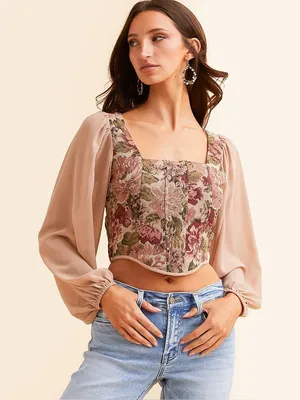 Willow + Root Floral Smocked Tapestry Crop Top NWT XS Cottagecore Fairycore thumbnail 1