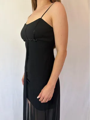 Vintage Blondie Nites Black Rosette Mesh Overlay High Low Evening Gown thumbnail 3