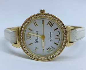 Geneva platinum woman’s 30mm gold tone watch rhinestones white dial runs thumbnail 1