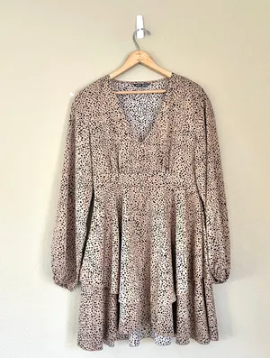 Tan Dalmatian Bishop Sleeve Tiered Ruffle Mini Dress Medium thumbnail 2