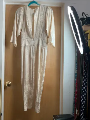 Ronny Kobo Cream Lace Midi Faux Wrap Satin Pencil Dress Size-Small Romantic Glam thumbnail 4