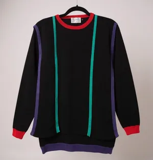 Sweater Bee‎ Black Purple Green Red Trim Long Sleeve Knit Sweater Size S thumbnail 1