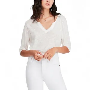 Free People We The Free White Linen‎ Blend V-Neck 3/4 Sleeve Top Large thumbnail 2