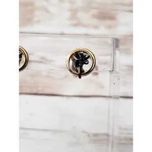 Vintage Clip On Earrings - Small Gold Tone Circle with Dark Grey Flowers thumbnail 3