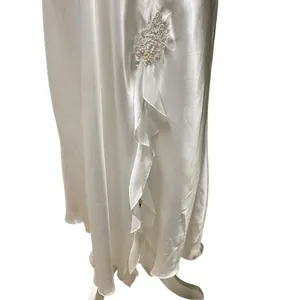 Vtg White Satin Lace Maxi Slip Dress L Bridal Nightgown Beaded Deadstock NWT thumbnail 9