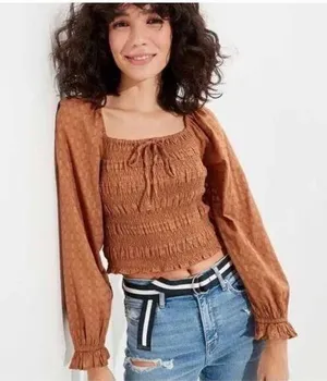 American Eagle Smocked Blouse NEW Brown Puff Long Sleeve Size Medium Square Neck thumbnail 1