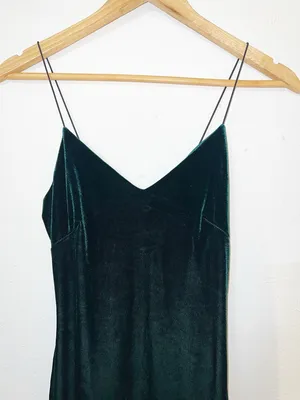 The Vintage Shop Velvet Spaghetti Strap Slip Dress in Deep Green thumbnail 2