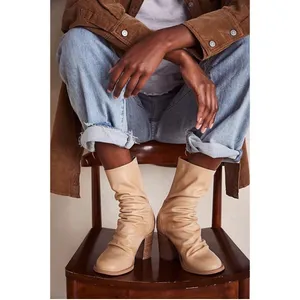 FREE PEOPLE Elle Boots Size 10 NEW Slouchy Leather Block Heel NWT/Box Beige Boho thumbnail 3