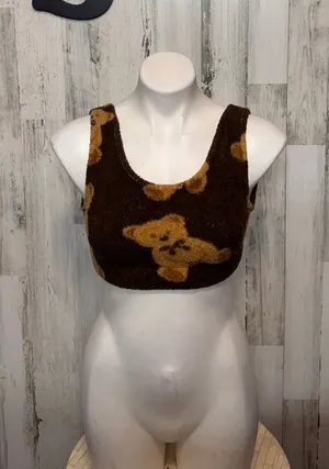 Teddy Bear Fuzzy Sherpa Crop Tank Top Bralette Womens Small Brown Beige thumbnail 1