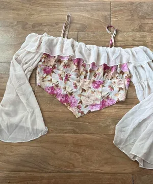 Floral Pink Off-Shoulder Crop Top with Sheer Bell Sleeves thumbnail 1