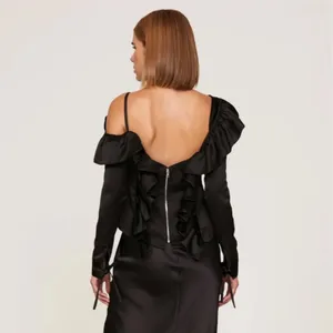 Osman Yousefzada Black Ruffle Cold Shoulder Satin Top Size 2 Whimsigoth Y2K thumbnail 9