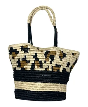 Women’s Tote Bag Woven Braided Casual Zip Closure Black Natural Size Large thumbnail 1