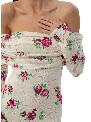 AFRM Off-Shoulder Cream Maxi Skirt with Pink Floral Print thumbnail 4