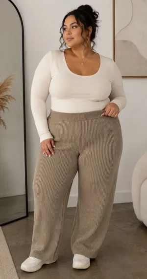 Abercrombie XXL Knit Pants Kathleen Post Ribbed Wide Leg Tan High Rise Cozy NEW thumbnail 1