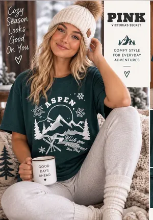PINK Victoria's Secret Aspen Graphic Tee - Forest Green with White Print thumbnail 1