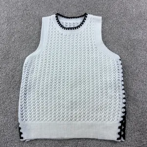 Open Knit Sweater Vest Size Small White Black‎ Contrast Trim Sleeveless Layering thumbnail 3