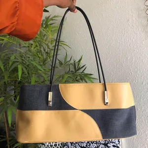 90s/2000s Y2K Vintage Office Siren patchwork checkered rectangular boxy shoulder hand bag purse cream tan beige navy blue denim silver accents. #whimsygoth #fairycore #classic #western boho country gothic thumbnail 1