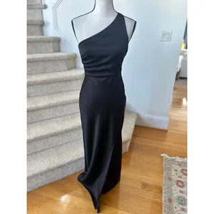 BHLDN Dylan Anthropologie Black Satin One Shoulder Sheath Slit Bridesmaid Gown thumbnail 5