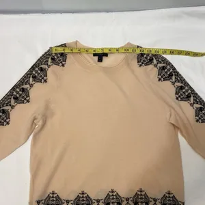 J Crew Women’s,Peach Cream/Black Marino Wool,Embroidered Sweater.Size-Small. thumbnail 3