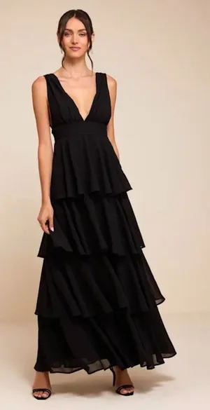 NWT Lulus Amazing Evening Black Tiered Maxi Dress - Size: Medium thumbnail 1