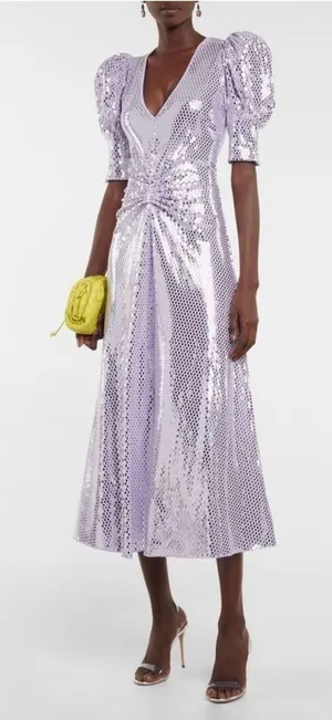 NWT ROTATE Birger Christensen Sierina Sequin Puff Sleeve Ruched Dress Lavender 0 thumbnail 1